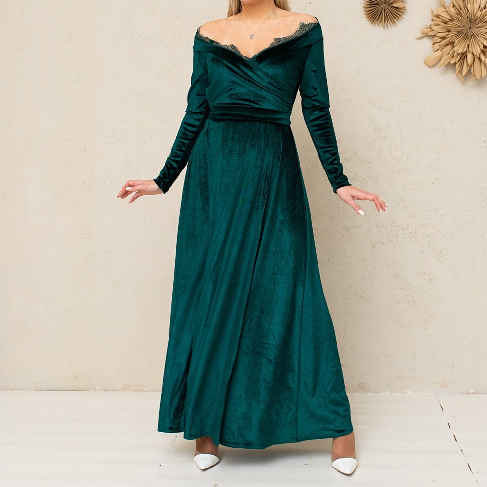 ❗️NEW❗️Dark Green Velvet V Neck Lace Backless Dress